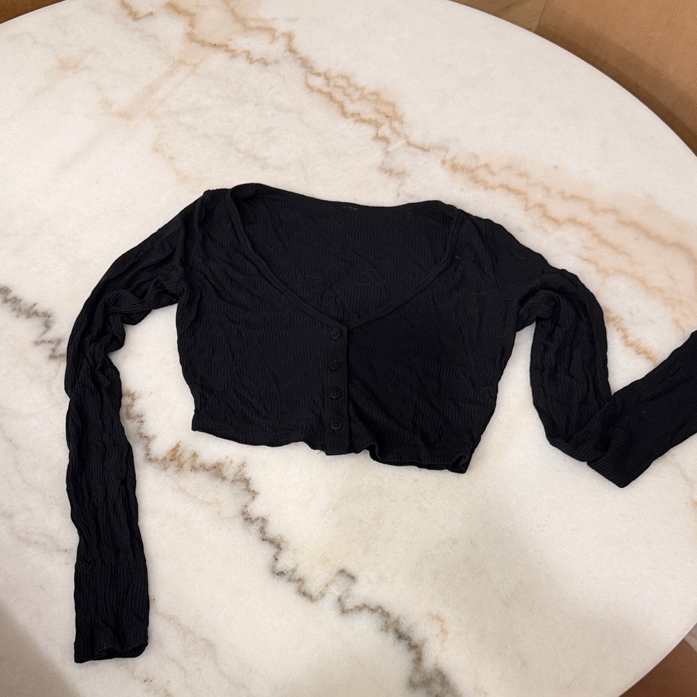 Alo Yoga Black Ribbed Cropped Button-Front Long-Sleeve Top